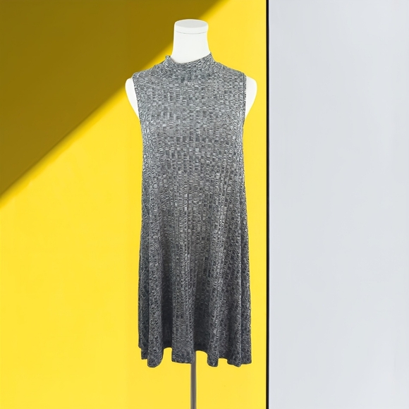Entro Heather Gray Ribbed Knit Swing Dress Sleeveless Mock Neck M Made in USA - Picture 1 of 6